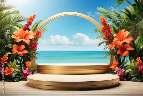 Wallpaper Mural A summer empty podium for product demonstration against the background of the sea with tropical flowers and butterflies. Sunscreen cosmetics, beach holidays, hotel tour, oceanfront wedding Torontodigital.ca
