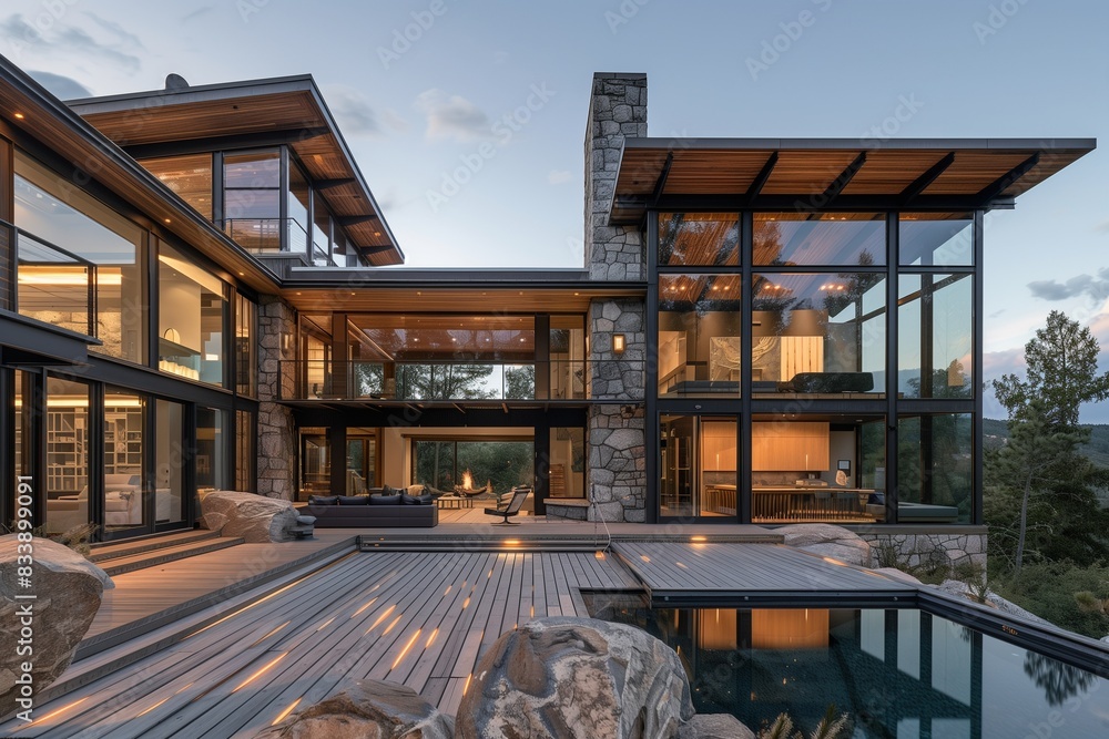 Obraz premium A contemporary retreat with a blend of natural stone and wood, expansive outdoor decks, and large windows offering stunning views of the surrounding landscape,