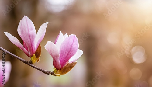 the first flowers of magnolia in early spring with copy space