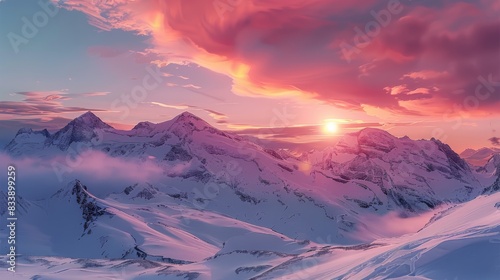 Snowy mountains and a pink sunset. Generative AI. © visoot