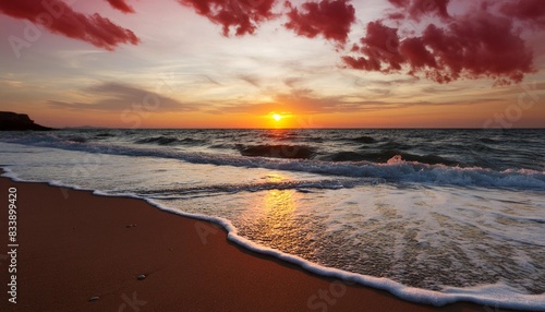 dark red sunset above seashore