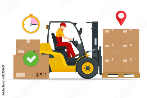 Forklift truck with boxes on pallet. Cargo, warehouse. Forklift truck with man driving
