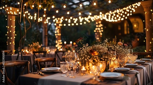 An elegantly decorated outdoor dining area with tables set under a canopy of twinkling string lights at twilight 