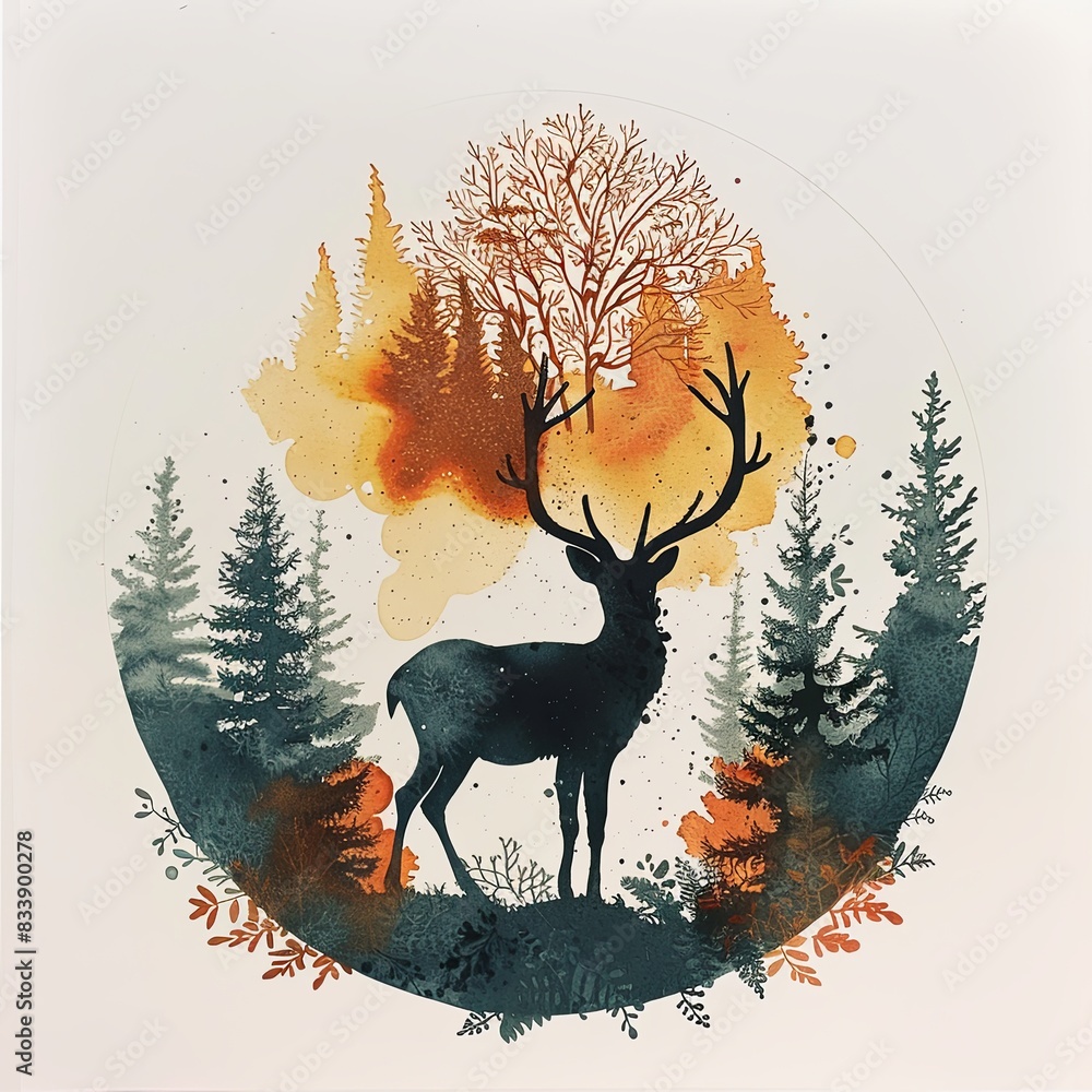 Fototapeta premium A deer standing in a forest with trees in the background. Wild animal in natural habitat. Natural background. Digital art in watercolor style. Illustration for cover, card, interior design, decor, etc