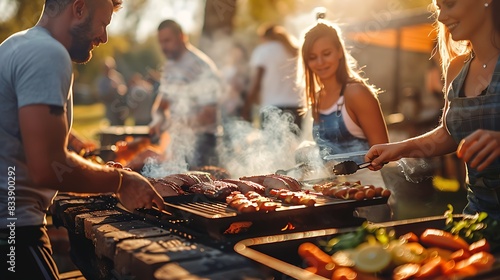 Friends enjoy a barbecue party outdoors during sunset with a warm ambiance and delicious food on the grill. 
