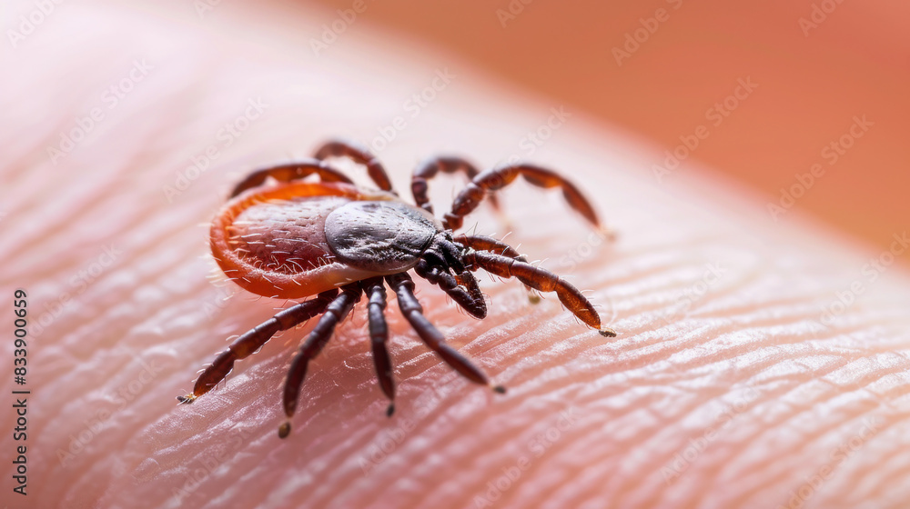 A deer tick, carrying diseases, has bitten a person's skin. Ticks are small bugs that can spread diseases. A deer tick, carrying diseases, has bitten a person's skin. Ticks are small bugs that can spread diseases.