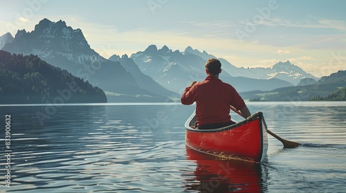 A man in a kayak paddling down a river or lake. The water is calm  the sky is clear. The scene is peaceful and serene. The man is enjoying the beauty of nature. Active recreation concept. Illustration