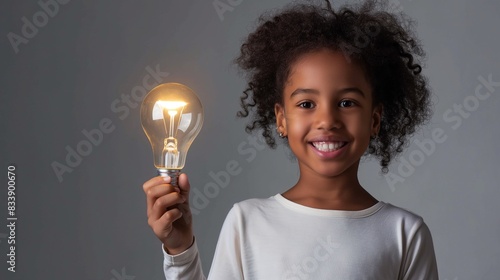 Happy smart mix raced girl kid holding a glowing lighting bulb isolated on dark gray background, concept of good idea, smart, problem solved, creative thinking, innovation, with copy space,