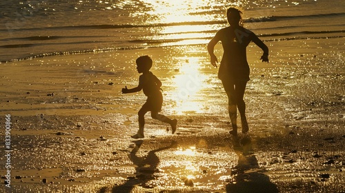 Silhouette of mother and little son play at golden shiny sunset on the beach, concept of childhood, summer holiday, travel, Mother's Day, friends, copy space. photo