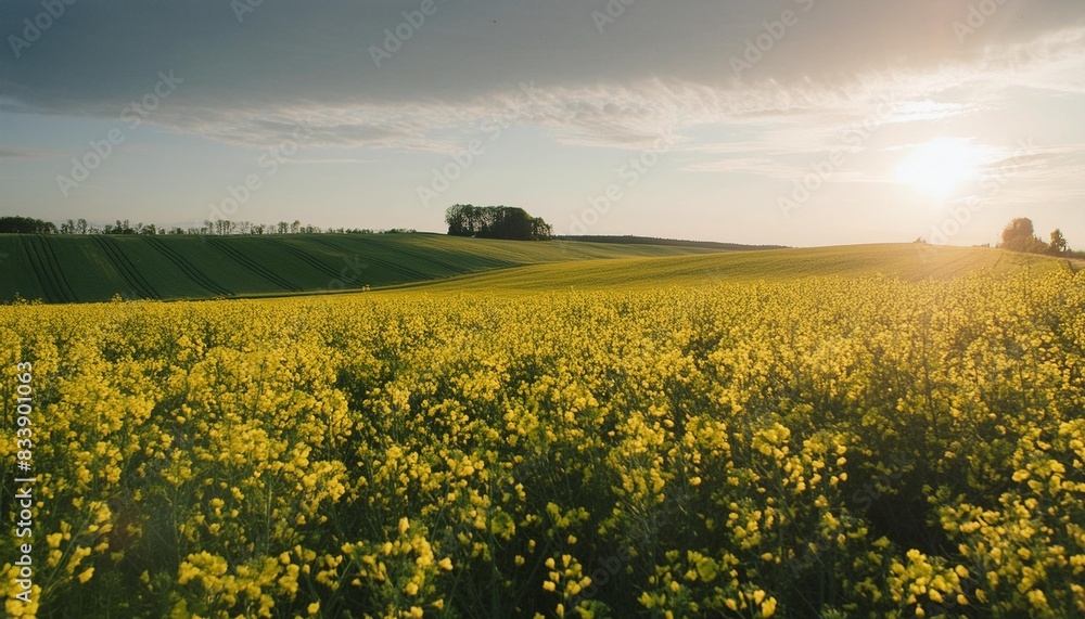 a beautiful field with blooming rapeseed at sunny day there are rapeseed flowers below and green grass on top of the sun