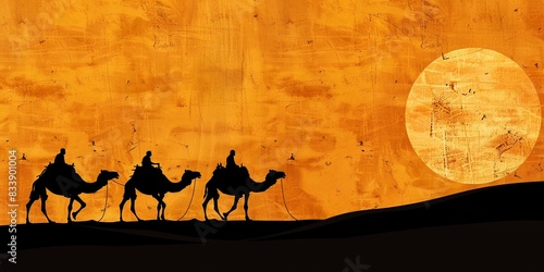 Silhouette of camel caravan in Sahara desert, Indian camel driver with camel silhouettes in sand dunes of Thar desert on sunset, concept of travel, adventure, Bethlehem, three Kings.
