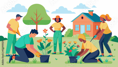 A team of volunteers planting new flowers and plants in the front yard adding some curb appeal and bringing a sense of pride to the neighborhood.. Vector illustration