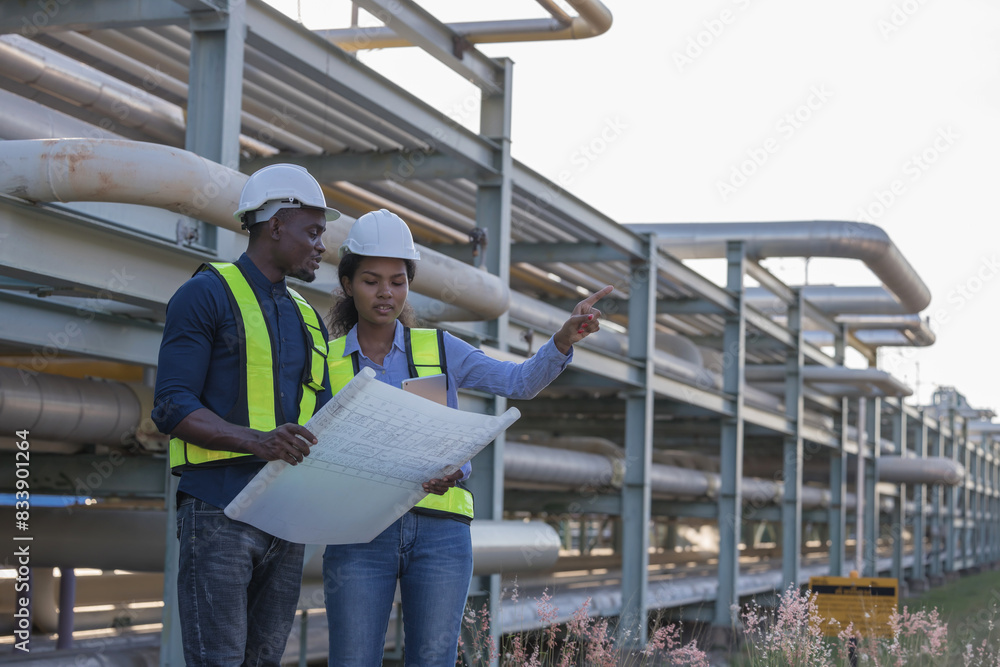 Engineer survey team  checking construction project  inspection work construction site .Team Civil engineer working outdoor next to the power plant.