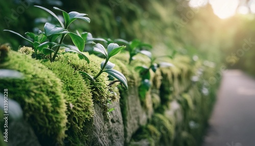 nature s embrace moss and plants growing on stone wall