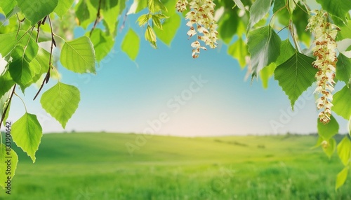 frame from flowering birch tree branches isolated on blue sky with copy space on green meadow in spring