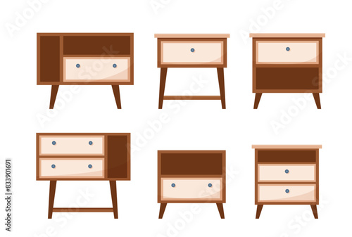 Set of flat nightstands on white background. Interior items of cozy modern midcentury design concept of bedside table. Vector cartoon hand drawn illustration with home decor furnishing element