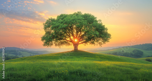 Sunrise beams through a lush tree on a serene hill  casting a warm glow over a wildflower meadow
