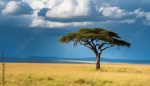 a lone acacia tree under stormy skies in kenya s masai mara national reserve
