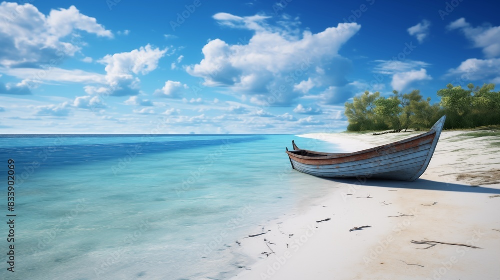 Naklejka premium A serene tropical beach scene with a lone boat resting on the shore