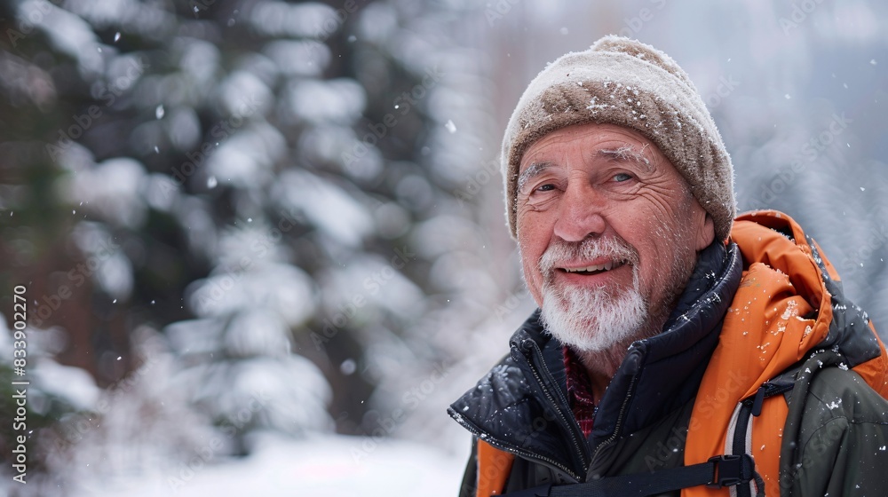 Fototapeta premium Embracing the Golden Years: A Joyful Senior Man Hiking Through Scenic Winter Mountains