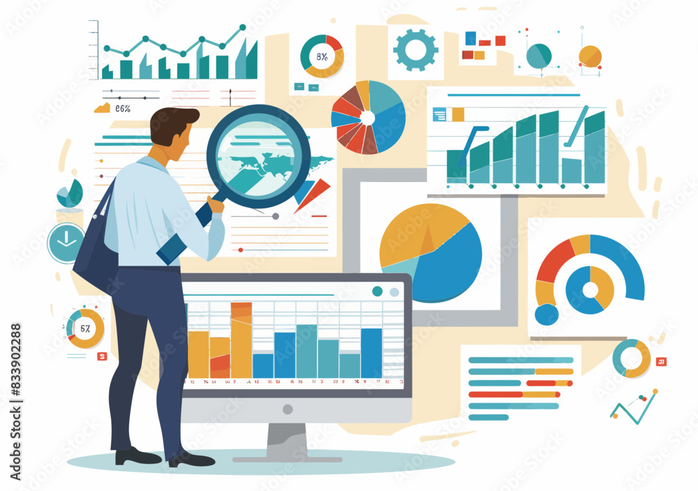 Fototapeta premium Business Intelligence Analyst Reviewing Financial Charts, SEO Data Visualizations - Businessman Utilizing Charts, Graphs for Research Analysis