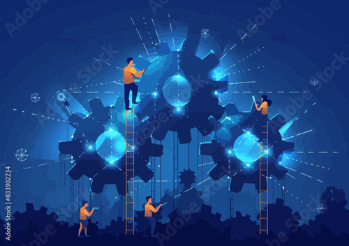 Corporate team working together to drive company success - business people rotating connected gears, teamwork collaboration concept vector illustration