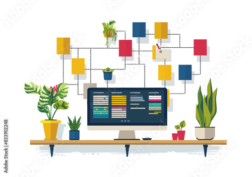 Minimalistic vector illustration: project management planning software, gantt chart on laptop screen for resource/budget allocation and work deadline scheduling in software development projects