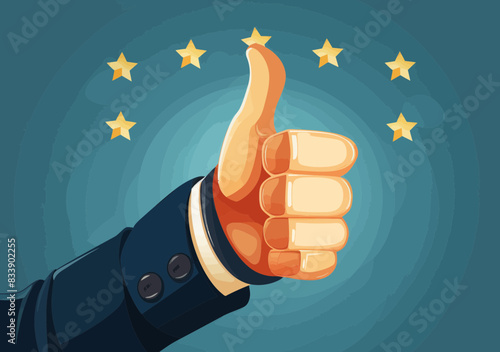 Businessman endorsing quality product/service with thumb up honor badge - professional positive satisfaction evaluation illustration