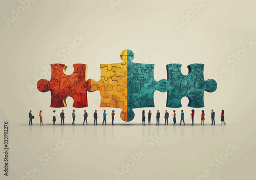 Business team brainstorming solutions, connected jigsaw puzzles form speech bubble - vector illustration of teamwork, problem-solving discussion