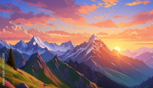 anime styled mountain range at sunset landscape