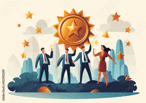 Young Professionals Celebrating Team Achievement, High-Quality Service Badge - Business Teamwork, Top Employees, High-Performance Staff Concept