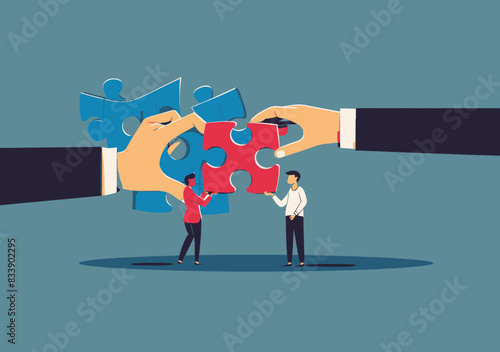 New team member connecting puzzle pieces - Hiring HR strategy, team building, filling job roles with right candidate for problem-solving, workforce diversity.