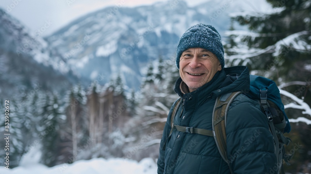 Embracing the Golden Years: A Joyful Senior Man Hiking Through Scenic Winter Mountains Embracing the Golden Years: A Joyful Senior Man Hiking Through Scenic Winter Mountains