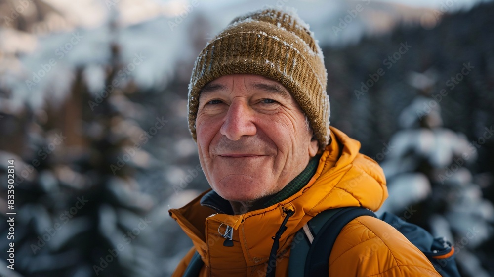 Embracing the Golden Years: A Joyful Senior Man Hiking Through Scenic Winter Mountains Embracing the Golden Years: A Joyful Senior Man Hiking Through Scenic Winter Mountains