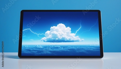 Tablet computer in the clouds with lightning. On the tablet screen there is a clear blue sky with clouds. The thundercloud charges the tablet.