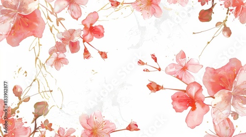 Cherry Blossoms floral, luxury botanical on white background vector, empty space in the middle to leave room for text or logo, gold line wallpaper, leaves, flower, foliage, hand drawn