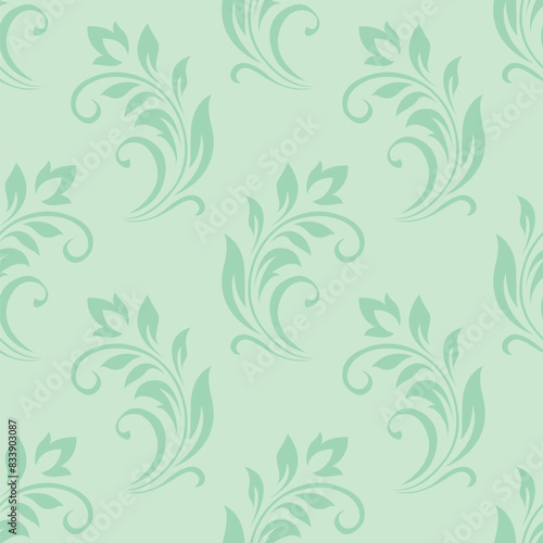 Vintage seamless plant pattern of green stylized leaves, flowers and curls. Retro style. Vector backdrop, texture for victorian wallpapers, wrapping paper, fabric