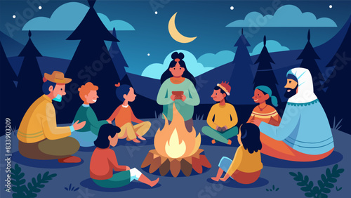 Families gathered around a campfire listening to a storyteller dressed as a Native American chief relaying tales of the past.. Vector illustration