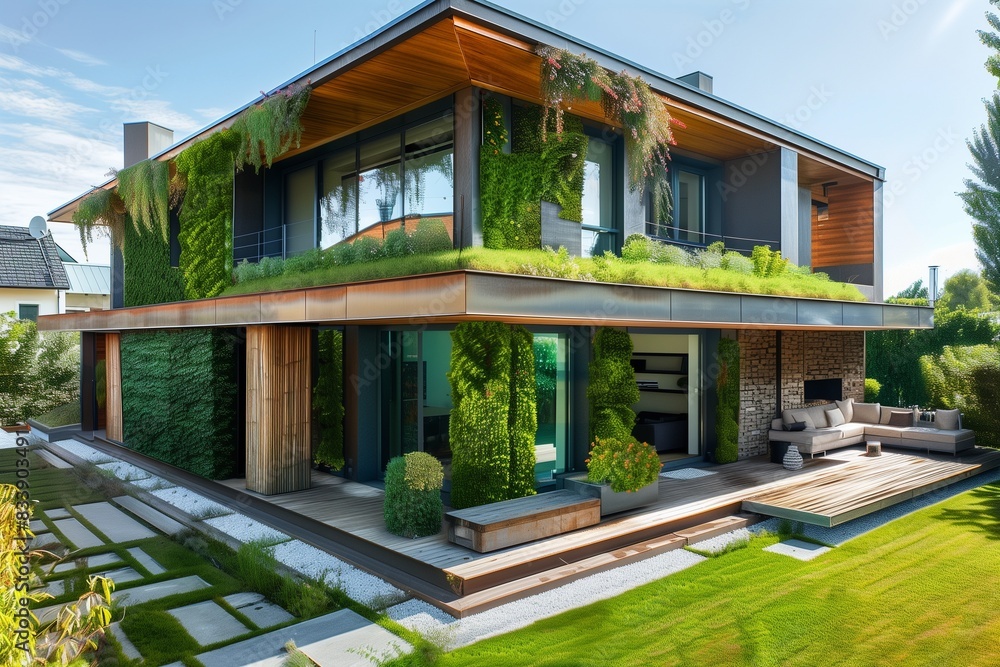 A modern eco-friendly house with green roofs, extensive use of ...