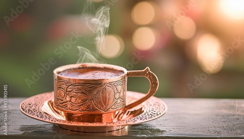 close up of steaming coffee in an ornate copper cup and saucer with a hint of bokeh