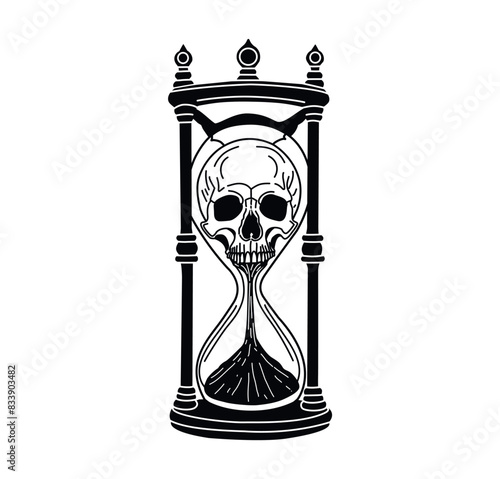Vector illustration. Gothic clock. Hourglass with skull. Graphic arts. Sand clock. Human skull. Antique item. On a white background. Graphic drawing. Mystical illustration