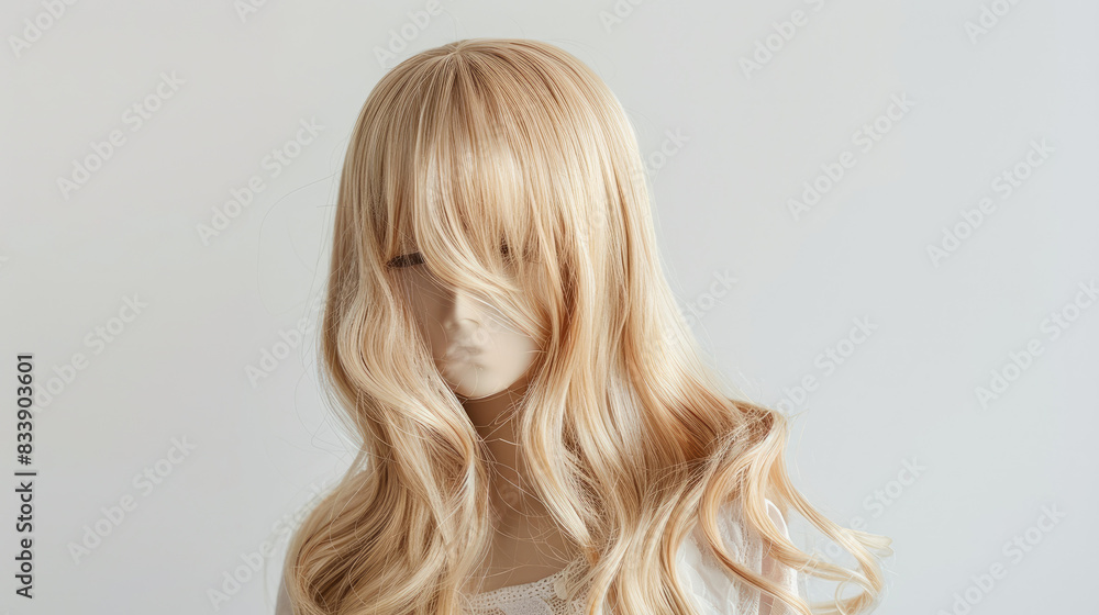 A natural-looking blonde wig with bangs and twisted strands sits on a white metal stand, isolated against a white background. A natural-looking blonde wig with bangs and twisted strands sits on a white metal stand, isolated against a white background.