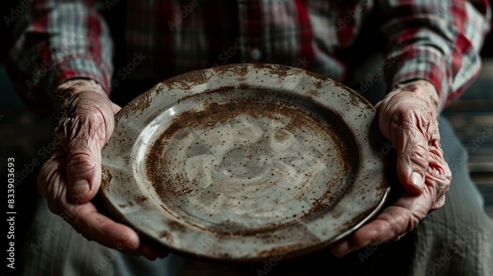 Senior citizen in a checkered shirt, hands on an empty plate, dark and moody atmosphere, Hyperrealistic 8K , high-resolution, ultra HD,up32K HD Senior citizen in a checkered shirt, hands on an empty plate, dark and moody atmosphere, Hyperrealistic 8K , high-resolution, ultra HD,up32K HD