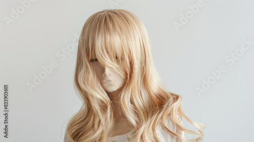 A natural-looking blonde wig with bangs and twisted strands sits on a white metal stand, isolated against a white background.