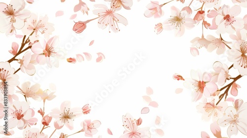 Cherry Blossoms floral, luxury botanical on white background vector, empty space in the middle to leave room for text or logo, gold line wallpaper, leaves, flower, foliage, hand drawn