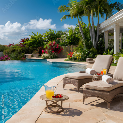 luxurious poolside scene on a sunny summer day lounge chairs and refreshing drinks and strawberries with a landscaped garden background. Generative ai
