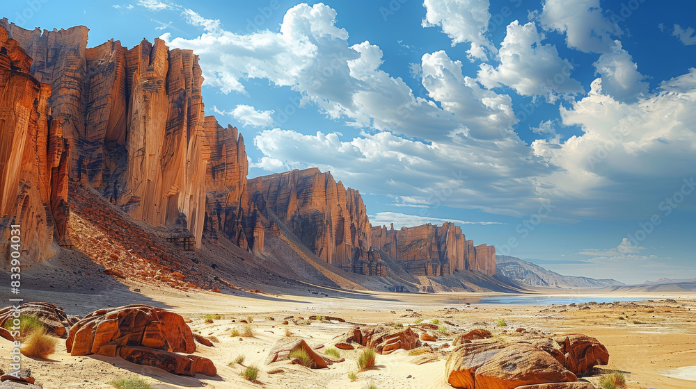 The rugged beauty of desert rock formations, with towering cliffs and ...