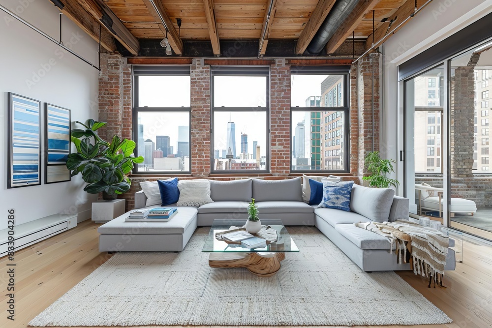 A Scandinavian living room with whitewashed wooden floors and a high ceiling The space features a light gray sectional sofa with blue and white cushions A Scandinavian living room with whitewashed wooden floors and a high ceiling The space features a light gray sectional sofa with blue and white cushions