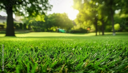 green lawn with fresh grass outdoors mowed lawn with a blurred background of a well groomed area on a sunny day photo