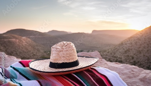 mexican hat sombrero on a serape in a mexican desert at twil